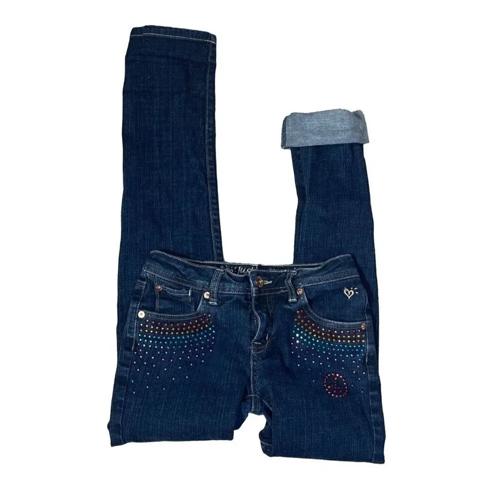 Justice Girls Embellished Jeans Rainbow Peace Design Size 14S (Slim)